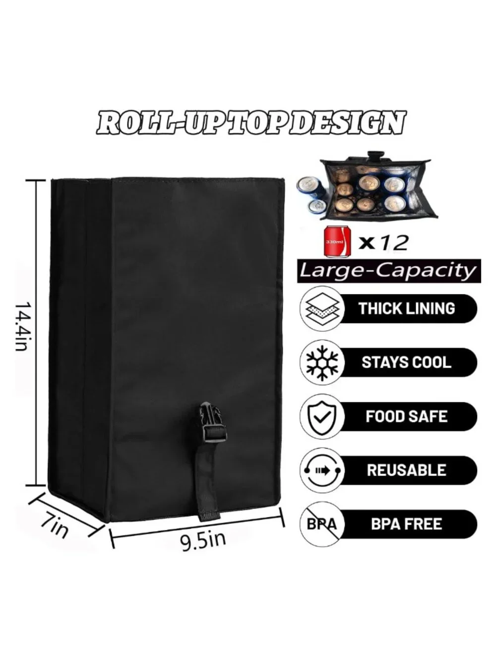 Insulated Foldable Lunch Bag Adjustable Strap Lightweight Portable Lunch Box